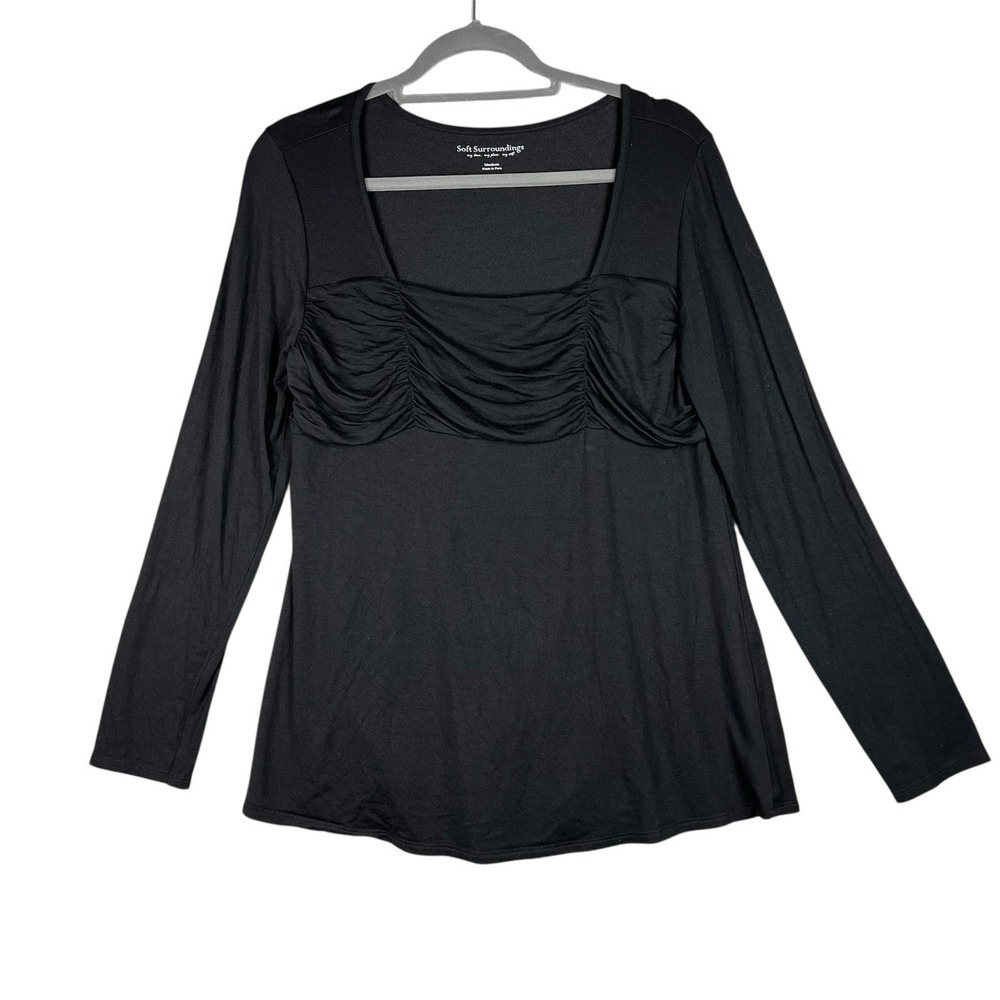 SOFT SURROUNDINGS Womens Top Size M Black Long Sleeve Ruching Bust Stretchy Soft